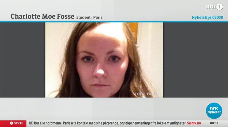 Charlotte Moe Fosse bor rett ved attentatsted i Paris. Skjermdump: NRK1