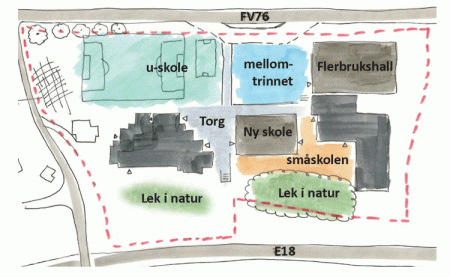 Slik kan området rundt Abel ungdomsskole bli, med flerbrukshall implementert i prosjektet.
