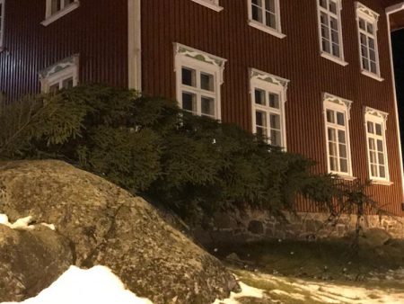 Juletreet ved Almuestaua måtte i kveld gi tapt for kraftige vindkast