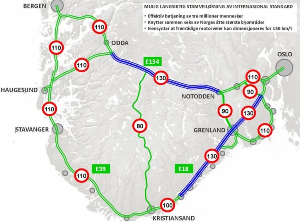 De blå strekningene på kartet mener Aksjon Rett E18 er spesielt egnet for hastighetsgrense 130 km/t.