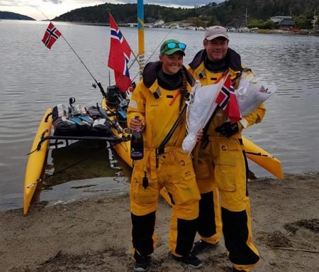 Her feires ankomsten etter fire måneder langs norskekysten i kajakk. Foto: Facebook.
